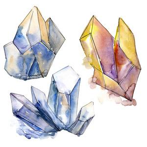 水晶马赛克蓝色和黄色钻石岩石首饰矿物.独立的插图元素.